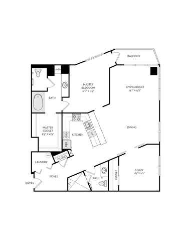 Elegant floor plan with master bedroom, spacious living room, modern kitchen, cozy study, and private balcony.