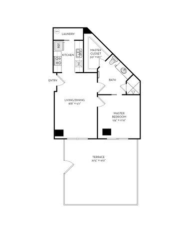 Modern floor plan featuring a spacious master bedroom, open living/dining area, efficient kitchen and laundry space, plus an expansive terrace.