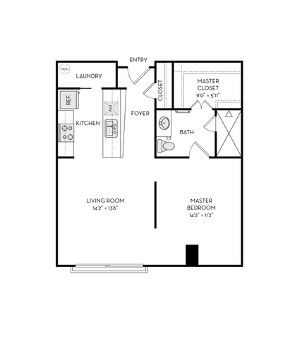 Elegant floor plan showcasing a spacious master bedroom, modern kitchen with adjacent laundry, and an inviting living room with open layout.
