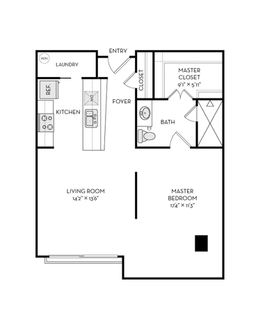 Modern 1-bedroom floor plan featuring a spacious living room, well-equipped kitchen, and convenient laundry area.