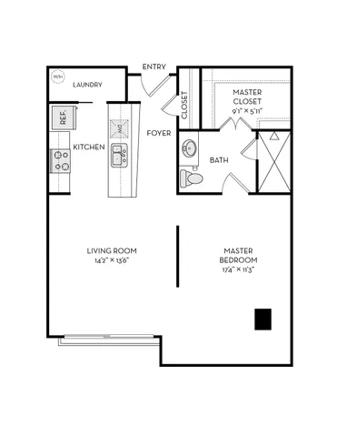 Intelligent floor plan featuring a spacious master bedroom with a large closet, a cozy living room, and a modern kitchen layout with laundry area.