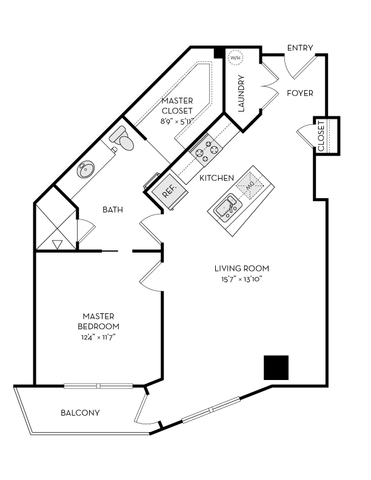Elegant floor plan featuring a spacious master bedroom, an inviting living room, modern kitchen, and private balcony.