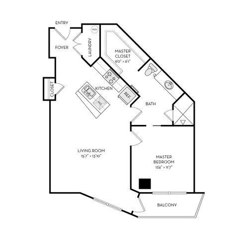 Modern floor plan highlighting a spacious master bedroom with balcony, open kitchen, and inviting living room.