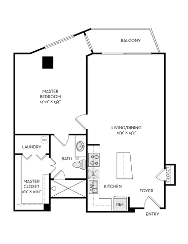 Elegant floor plan featuring a spacious master bedroom, open living and dining area, modern kitchen, and private balcony.