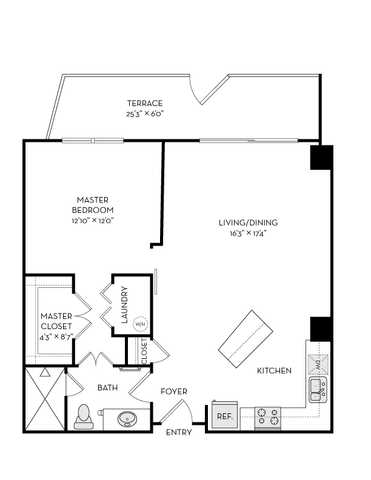 Elegant floor plan with a spacious master bedroom, open living/dining area, modern kitchen, and expansive terrace.