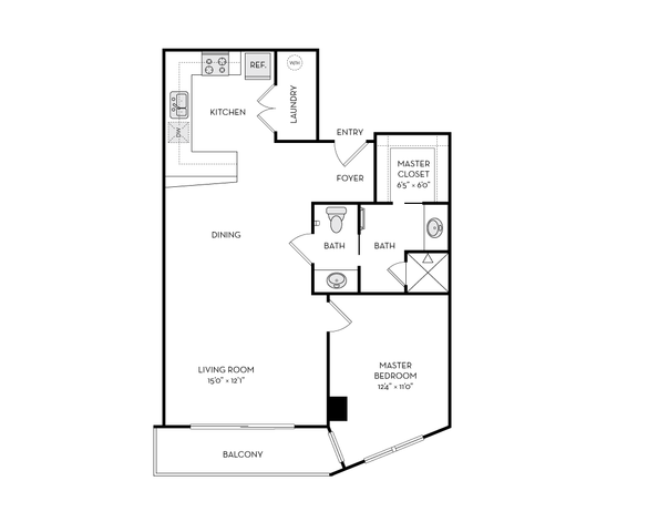 Elegant floor plan featuring a spacious master bedroom, modern kitchen, cozy living room, dining area, and balcony.