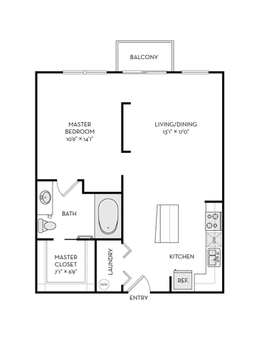 Modern open-concept floor plan featuring a spacious living/dining area, a master bedroom with en-suite bath, a well-equipped kitchen, and a private balcony.