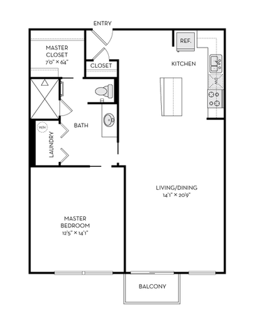 Modern floor plan showcasing a spacious master bedroom, open living and dining area, and sleek kitchen, complete with a balcony for outdoor relaxation.