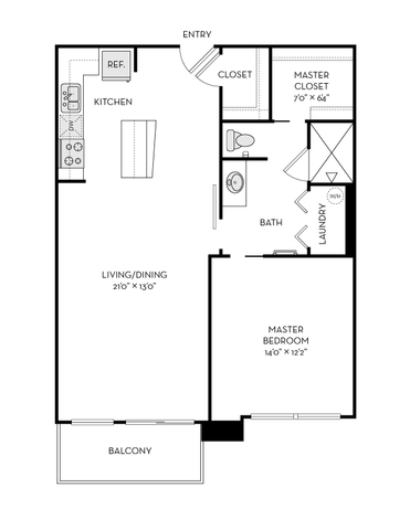 Chic floor plan featuring a spacious master bedroom with an attached closet, open-concept kitchen and living/dining area, and a private balcony.