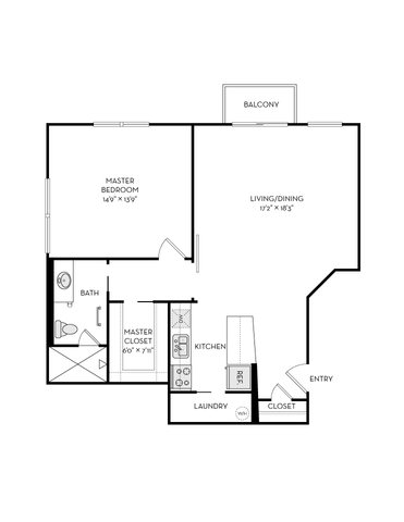 Modern floor plan showcasing a spacious master bedroom, open living and dining area, and a functional kitchen with laundry space. Includes balcony access and ample storage.