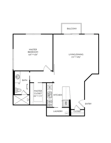 Elegant floor plan showcasing a spacious master bedroom with an adjoining bath, a bright living/dining area with balcony access, and a modern kitchen with laundry facilities.