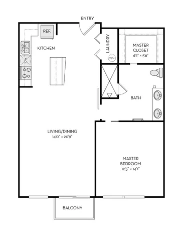 Modern floor plan showcasing a spacious 1 bedroom apartment with an open kitchen, large living/dining area, and balcony access.