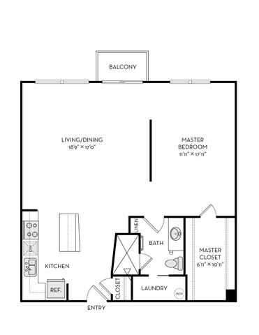 Modern floor plan featuring a spacious master bedroom, open living/dining area with balcony, and streamlined kitchen layout.
