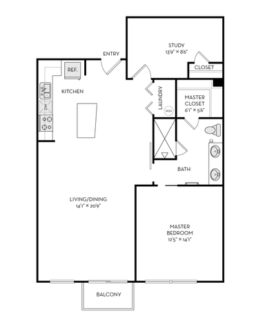 Elegant floor plan featuring a master bedroom, study, spacious living/dining area, modern kitchen, and private balcony.