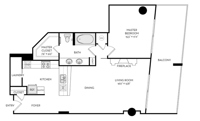 Modern floor plan featuring a spacious master bedroom, open living room with fireplace, gourmet kitchen, and private balcony.