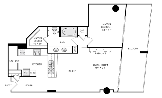 Modern floor plan showcasing a spacious one-bedroom layout with a master suite, cozy fireplace, elegant living room, dine-in kitchen, and expansive balcony.