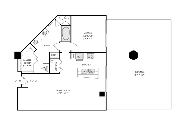 Chic floor plan showcasing a spacious master bedroom with ensuite bath, open living/dining area, modern kitchen, and an expansive terrace.