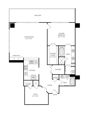 Elegant floor plan featuring a master bedroom, a spacious living/dining area with a fireplace, cozy study, and a sleek kitchen. Includes two baths, laundry room, and a balcony for outdoor relaxation.