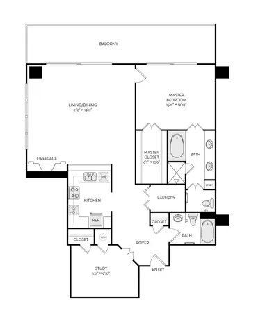 Elegant floor plan showcasing a spacious living and dining area with a fireplace, master bedroom with en-suite bath, modern kitchen with ample storage, study, and a welcoming balcony for outdoor relaxation.