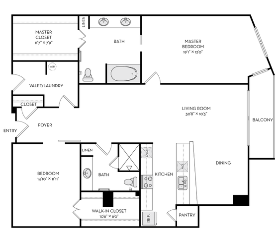 Modern floor plan highlighting 2 spacious bedrooms, an open living and dining area, gourmet kitchen, and a relaxing balcony.
