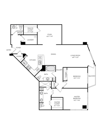 Spacious and modern floor plan featuring 2 bedrooms, a master suite with a large closet, a versatile study, and an inviting balcony. Highlights include an open-concept living and dining area, a well-equipped kitchen, and elegant bath spaces.
