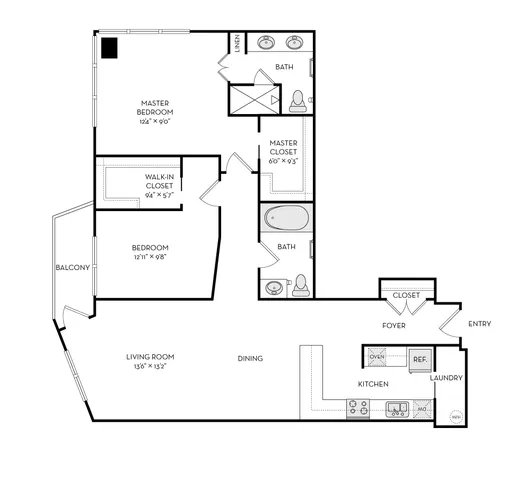 Modern floor plan showcasing a spacious 2-bedroom layout with a master suite, open living and dining area, sleek kitchen, and inviting balcony.