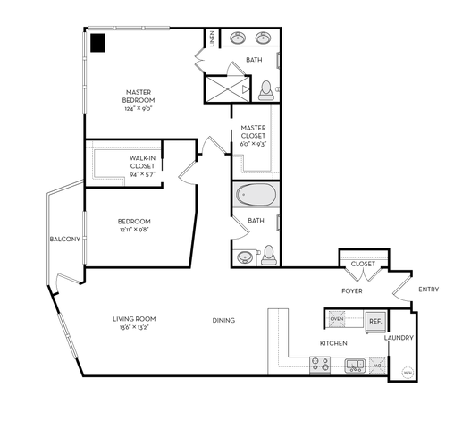 Spacious 2-bedroom floor plan with a master suite, open living and dining area, modern kitchen, and two bathrooms. Features include a private balcony and ample storage, perfect for comfortable living.