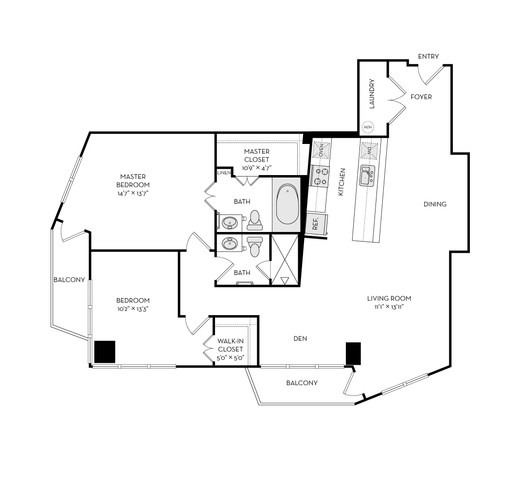 Elegant floor plan showcasing 2 bedrooms, a den, open living and dining areas, modern kitchen, and dual balconies.