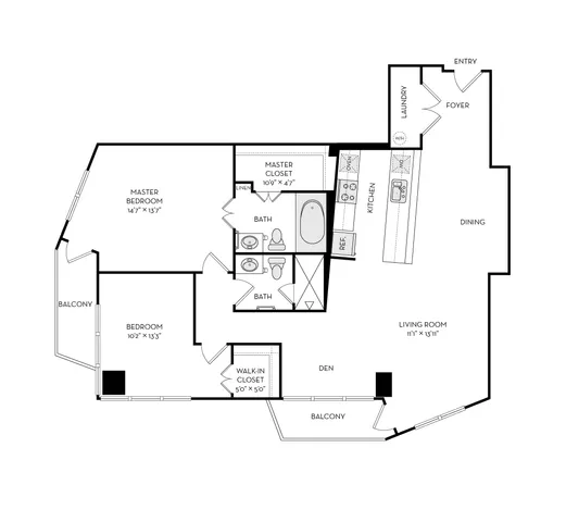 Spacious floor plan featuring 2 bedrooms, a master suite, open living and dining areas, modern kitchen, and dual balconies for stylish living.