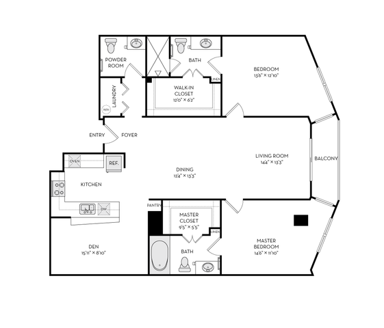 Elegant 2D floor plan featuring 2 bedrooms, spacious living room with balcony, modern kitchen, and cozy den.