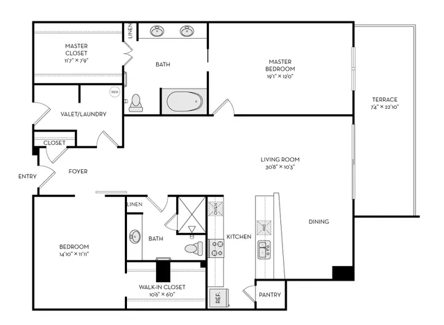 Elegant floor plan highlighting a spacious living room, master suite with private bath, additional bedroom, modern kitchen, and expansive terrace.