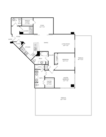 Elegant floor plan highlighting 2 bedrooms, a study, open living room, designer kitchen, and expansive terraces.