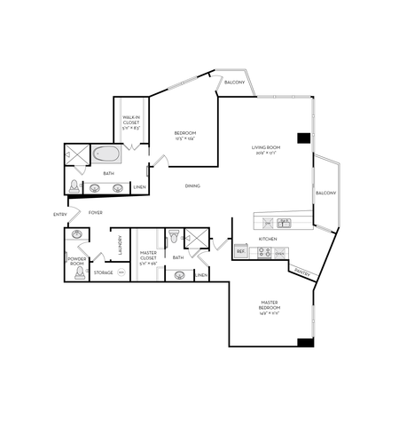 Chic floor plan featuring 2 elegant bedrooms, spacious living room with dual balconies, and a modern kitchen layout.
