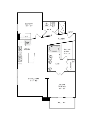 Elegant floor plan showcasing 2 bedrooms, open kitchen with modern layout, spacious living/dining area, and balcony access from the master suite.
