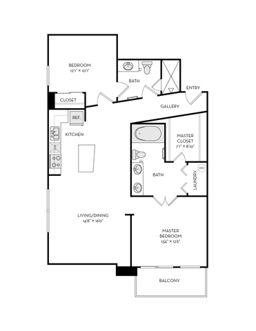 Elegant floor plan showcasing 2 bedrooms, including a master suite, spacious living/dining area, modern kitchen, and a welcoming balcony.