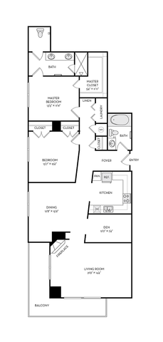 Modern floor plan showcasing 2 bedrooms, spacious living room with fireplace, kitchen, dining area, 2 baths, and a balcony.