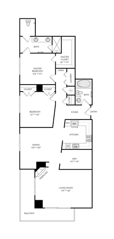 Elegant apartment floor plan showcasing 2 spacious bedrooms, a cozy den, open-concept living room with fireplace, and a modern kitchen. Includes 2 bathrooms, laundry area, and a charming balcony.