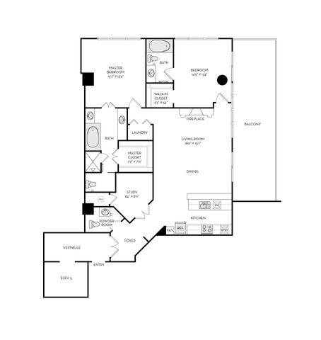 Elegant floor plan featuring a spacious master bedroom, additional bedroom, expansive living room with fireplace, and a large balcony. Includes a modern kitchen, dining area, study room, and convenient in-unit laundry.