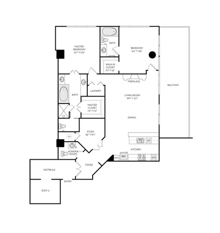 Elegant floor plan showcasing 2 bedrooms, a spacious living room with fireplace, a modern kitchen, a study, and a large balcony.