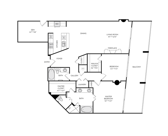 Chic apartment floor plan featuring a master bedroom with en-suite bathroom, additional bedroom, spacious living room with fireplace, modern kitchen with dining area, private den, and expansive balcony.