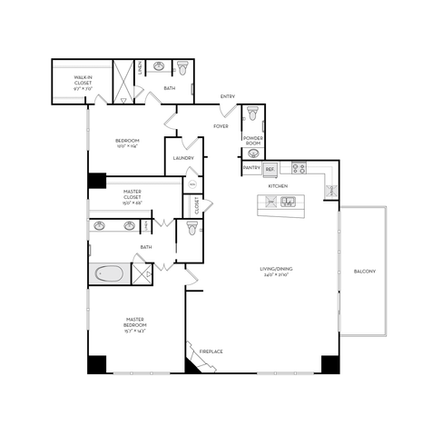 Modern floor plan with 2 bedrooms, spacious living and dining area, open kitchen, laundry, and balcony.