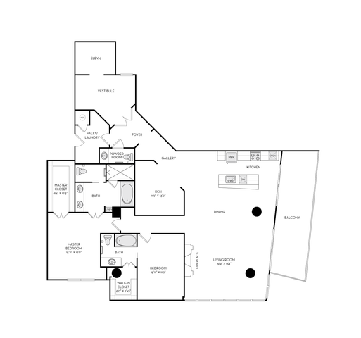 Elegant floor plan showcasing 2 bedrooms, a spacious master suite with walk-in closet, inviting living room with fireplace, modern kitchen, dining area, den, and a balcony.