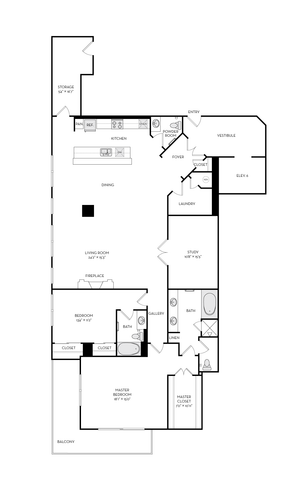 Elegant floor plan showcasing 2 bedrooms, spacious living room, modern kitchen, and private balcony. Includes laundry room, study, and ample closets.