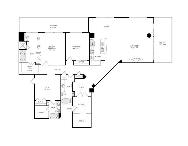 Elegant floor plan showcasing 2 bedrooms, spacious living room with fireplace, modern kitchen, and dual balconies for exquisite living.