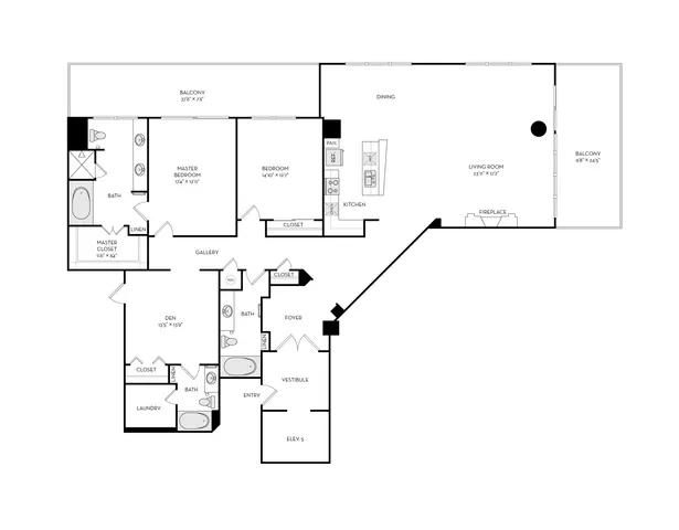 Elegant floor plan featuring 2 spacious bedrooms, a cozy den, modern kitchen, expansive living and dining area with fireplace, and dual balconies.