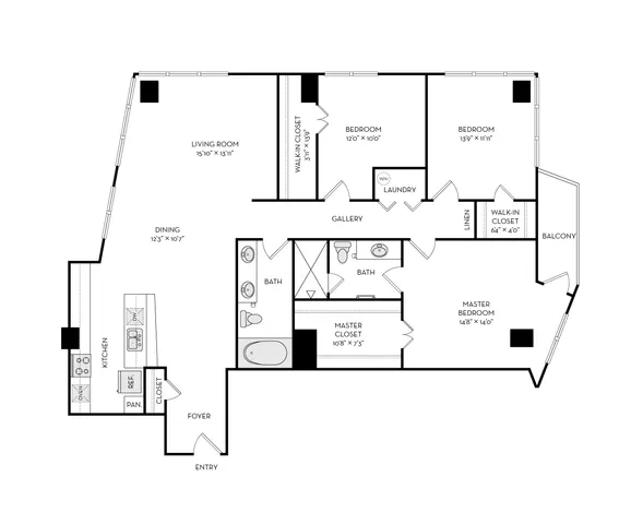 Elegant floor plan featuring three bedrooms, spacious living room, modern kitchen, and balcony for serene outdoor relaxation.