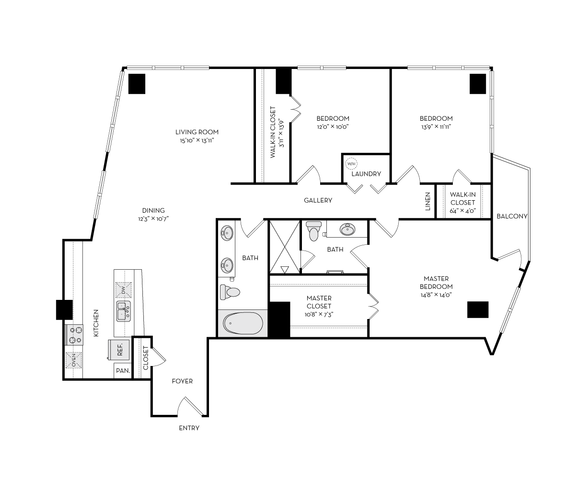 Elegant floor plan showcasing 3 spacious bedrooms, stylish kitchen with island, open living and dining area, and private balcony access.