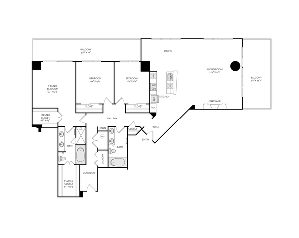 Elegant floor plan featuring 3 spacious bedrooms, a master suite with balcony, expansive living area with fireplace, and modern kitchen, inviting open dining space, and two luxurious bathrooms.