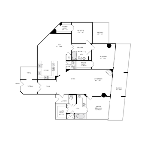 Elegant 2D floor plan showcasing a spacious layout with 3 bedrooms, open-concept living and dining area, modern kitchen, and two large balconies.