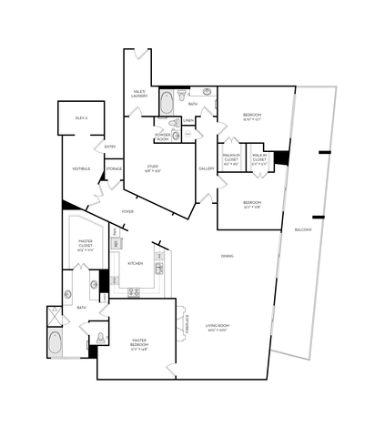 Elegant and spacious floor plan featuring 3 bedrooms with walk-in closets, master suite with lavish bath, expansive living room with fireplace, modern kitchen, and large balcony.
